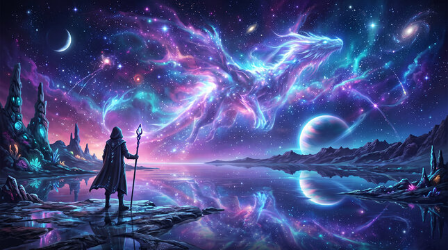 Surreal Cosmic Fantasy Landscape with a Solitary Traveler Beneath a Glowing Nebula, Alien Planet, Mystical Energy and Vibrant Galactic Sky 