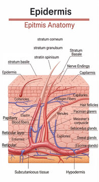 Anatomical illustration of the human epidermis, showing its various layers and associated structures like hair follicles, glands, and blood vessels.
