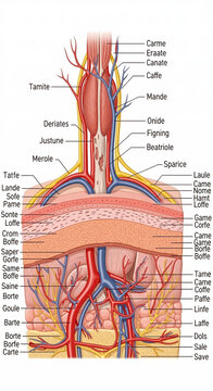 Anatomical illustration of the human circulatory and nervous systems in the upper torso and neck region, detailing arteries, veins, and nerves.