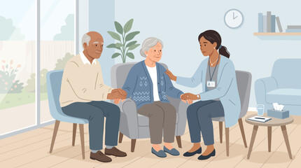 Fototapeta premium Caring nurse comforts elderly couple in cozy room, support and companionship