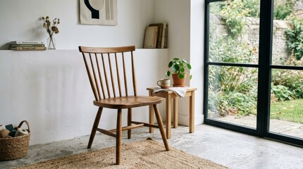 Fototapeta premium Reducing Waste Through a More Circular and Sustainable Economy, Minimalist room with wooden chair, small table, plant, and large window overlooking garden.