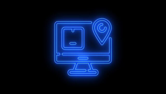 Modern neon desktop computer and GPS location pin icon animation featuring a glowing outline on a black background. Represents GPS navigation, location tracking, desktop mapping, 