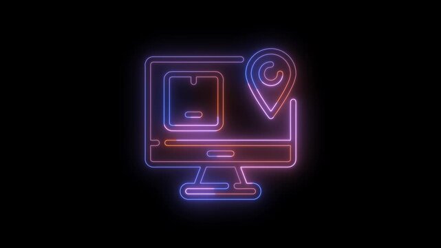 Modern neon desktop computer and GPS location pin icon animation featuring a glowing outline on a black background. Represents GPS navigation, location tracking, desktop mapping, 