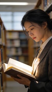 Generative AI depiction of a woman reading a book in a library setting