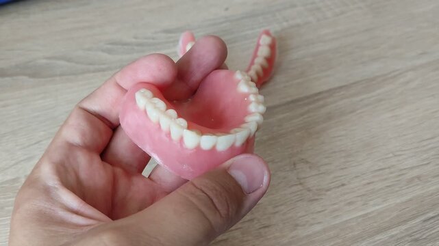 Hand holding a pink dental denture with artificial teeth over a wooden table