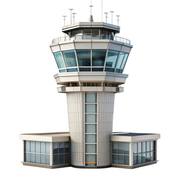 Modern airport control tower with glass windows and observation deck isolated on white background p n g a i generated