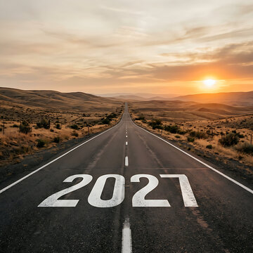 A long empty asphalt road painted with 2027 leading towards a golden sunset in desert landscape.