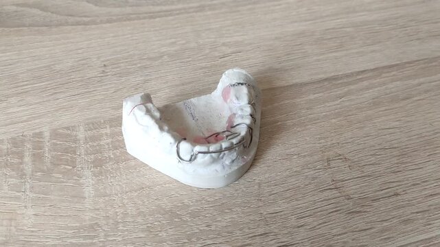 White dental cast with wire retainer resting on a wooden table top view