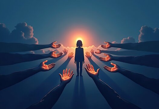 Girl stands alone as many hands reach toward her from all sides