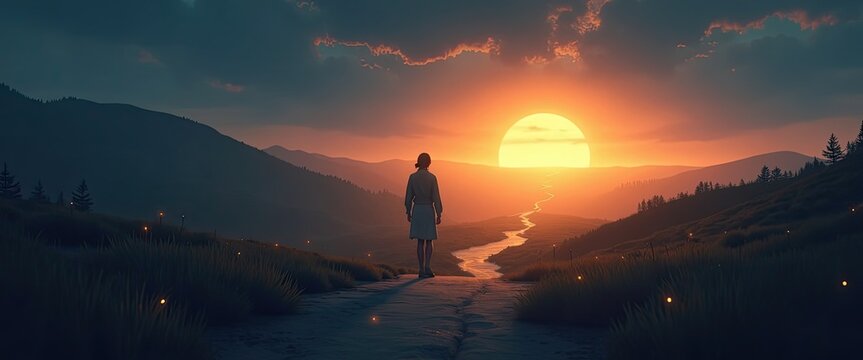 Person walks along winding path toward glowing sun setting over mountain range