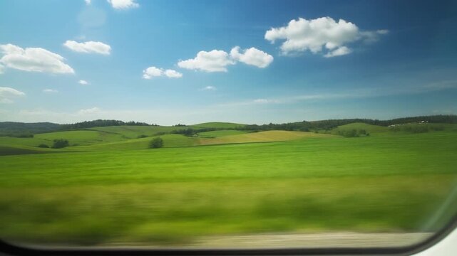 Scenic View of Rolling Green Hills and Fields Passing by Train Window, Sunny Summer Countryside Landscape Motion Background Full HD