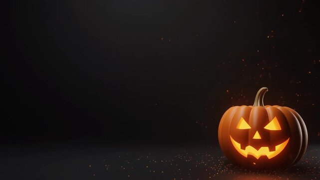 Elegant Glowing Halloween Pumpkin Lantern with Sparkles on Minimalist Black Background, Spooky Festive Motion Graphic for Party, Full HD