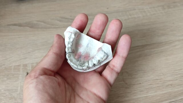 Hand holding a white plaster dental cast with metal wire retainer in palm