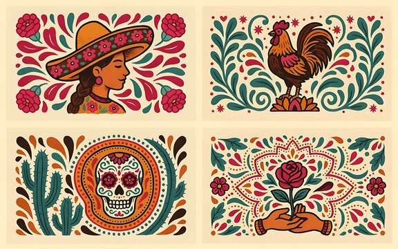 Set of four traditional mexican folk art illustrations featuring a woman a rooster a skull and flowers