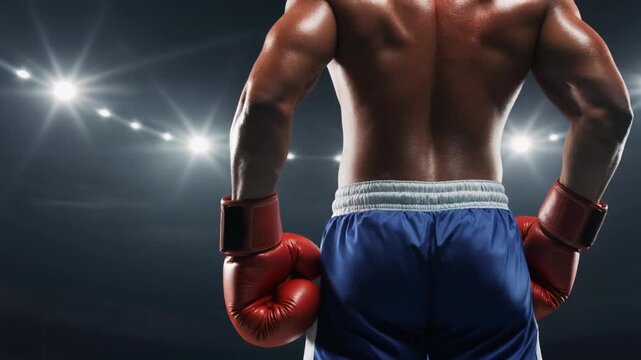 Back View of Professional Boxer Standing in Arena Ring with Red Gloves and Blue Shorts, Dramatic Studio Lighting