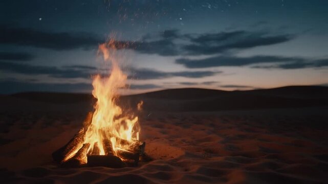Cinematic Campfire Burning in the Sand Desert Under Starry Night Sky, Warm Embers and Sparks Flying, Beautiful Nature Background