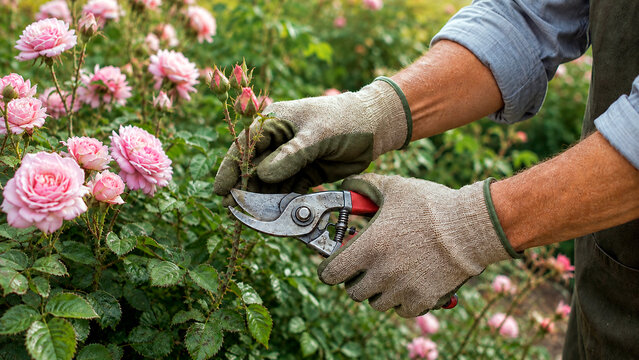Gardener pruning pink rose bush with metal shears. Man wearing protective glove cutting flower stem in garden. Professional horticulture work, spring plant care and landscaping hobby.
