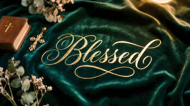Blessed calligraphy script written in elegant gold lettering resting on soft dark emerald green velvet fabric accompanied by a small leather bible and ornate golden cross for religious spiritual decor