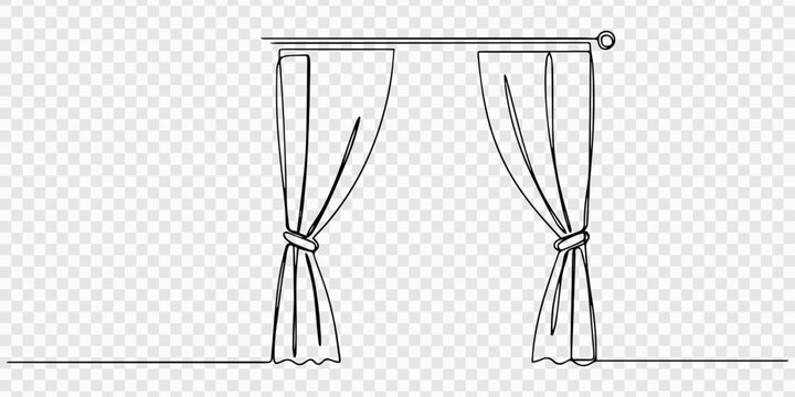 continuous line vector illustration of curtain curtain, One continuous line drawing of window with curtains. Stage curtain draped open on simple theater setting. none editable strokes, minimal style.