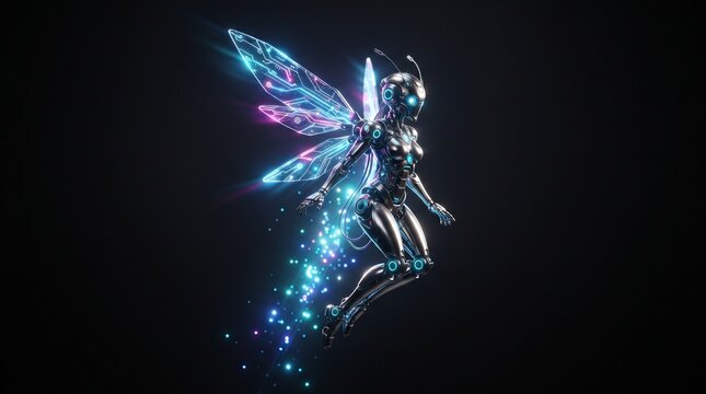 3D glowing futuristic cybernetic fairy robot flying with neon crystal wings, ideal for sci-fi book covers, AI tech ads, fantasy gaming UI, and wallpapers.