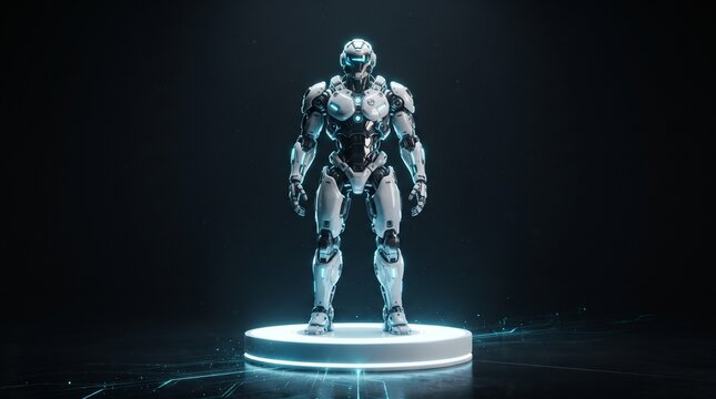 3D futuristic robot android on illuminated stage platform isolated on dark background