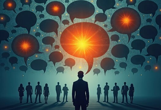 People stand under glowing speech bubbles floating above them in dark sky
