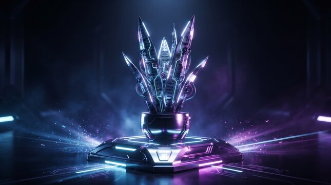 Futuristic crystal trophy award on a pedestal for esports championships, sci-fi tournaments, and gaming poster backgrounds.