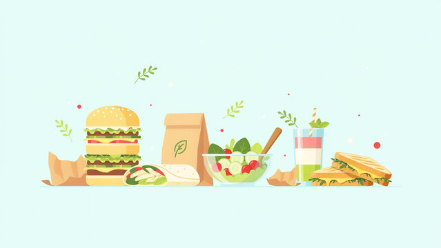 Colorful illustration of healthy fast food items including burger sandwich salad drink and eco friendly packaging