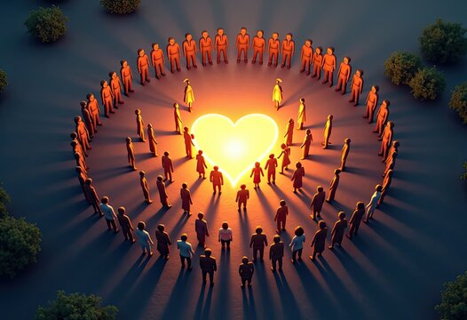 People gather in circle around glowing heart symbol in unity