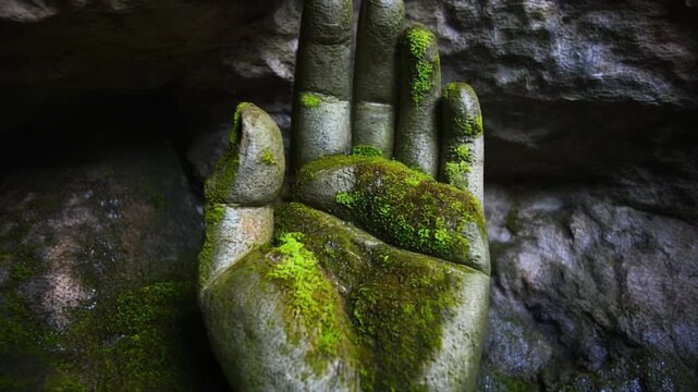 Mossy stone hand of the Baodingshan reclining buddha in a cave