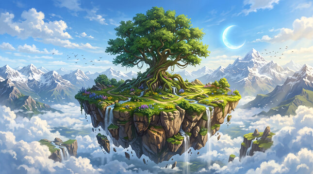 Fantasy Floating Island with a Lush Green Tree Above the Clouds, Majestic Snowy Mountains and Magical Blue Sky Landscape.