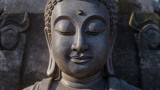 Serene stone face of Baodingshan reclining Buddha statue close up