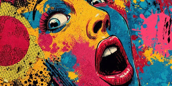 Pop art woman screaming, abstract expressionism style, emotion concept