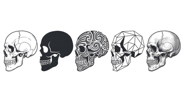 Collection of five diverse stylized human skull illustrations isolated on white background in various artistic styles including sketch, silhouette, tribal, geometric and vintage engraving