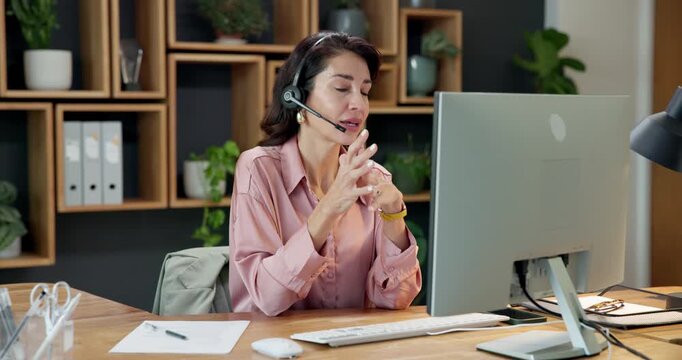 Agent, computer and happy woman with headset in office for customer service or communication. Female person, consultant or talking with mic for virtual assistance, CRM or desktop support in workplace