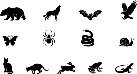 Collection of various wild animal silhouettes isolated on white background