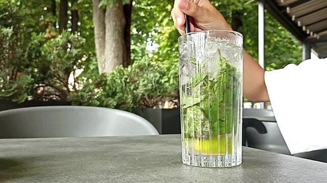 Hand stirring a refreshing mojito cocktail with lime, mint and ice using a drinking straw. Close-up of a cold summer drink served outdoors.