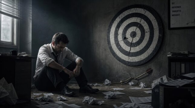 Exhausted businessman beside a cracked target and broken arrow, symbolizing failure and a missed business goal.