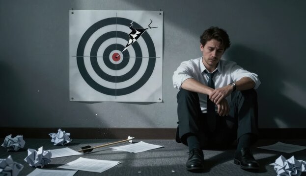 Exhausted businessman beside a cracked target and broken arrow, symbolizing failure and a missed business goal.