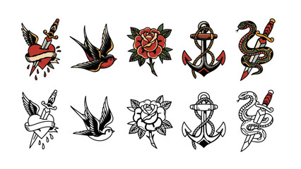 Obraz premium Traditional Tattoo Flash Art Elements Bundle Color and Line Art