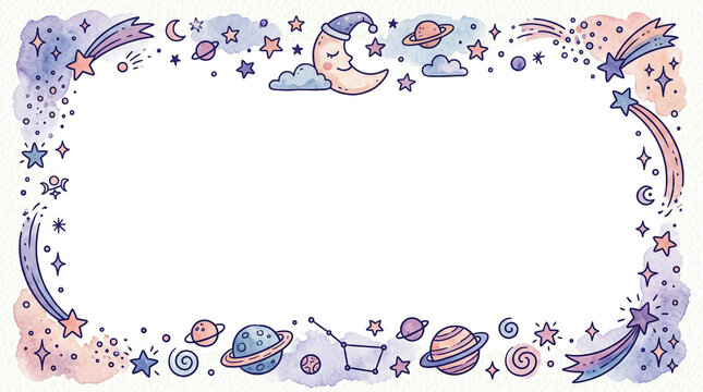 Whimsical Watercolor Galaxy Doodle Frame with Celestial Border and Copy Space for Invitations and Posters