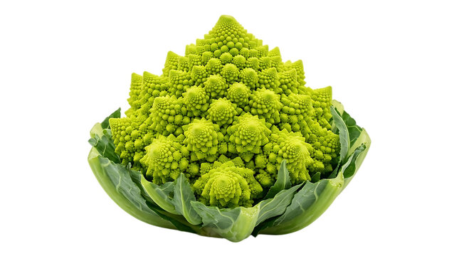 Romanesco broccoli isolated on white background, fresh green romanesco cauliflower head, raw organic fractal vegetable