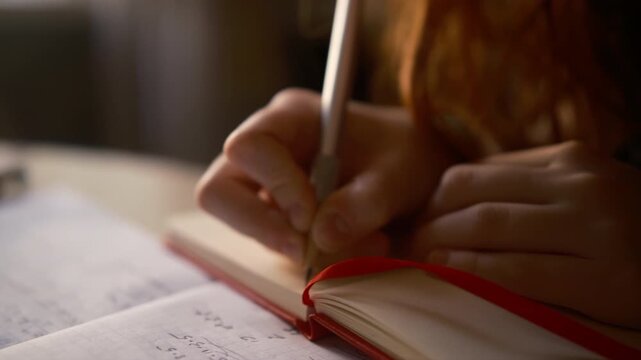 Cinematic close-up of a young student doing homework at a desk, writing in a notebook with a smartphone nearby. Warm lighting and shallow focus create a cozy academic atmosphere. back to school