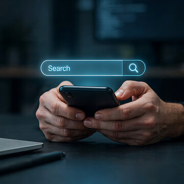 Hands holding a smartphone with a glowing search bar above it