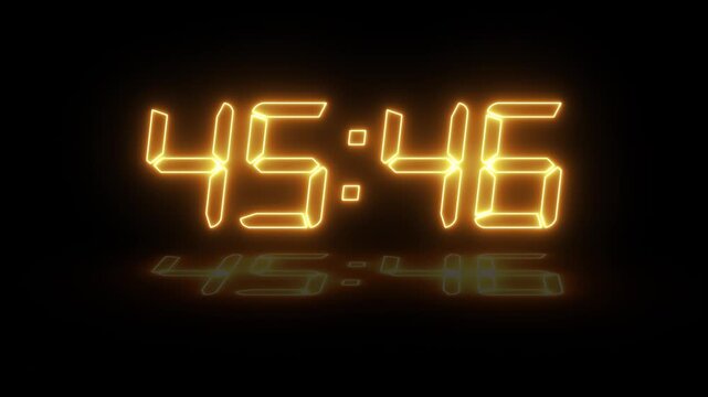 Digital clock numbers glowing amber in sequence against dark background with reflection