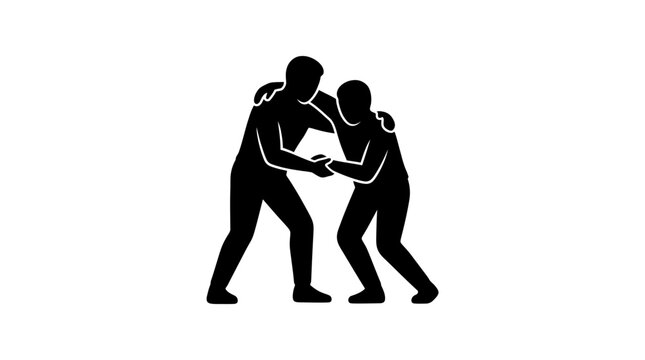 Professional black silhouette vector illustration depicting two wrestlers engaging in a competitive high intensity physical match