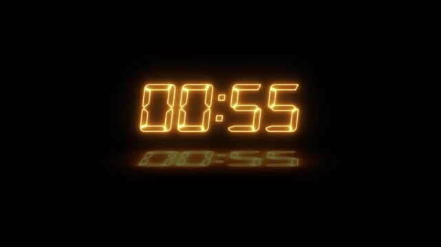 Abstract neon LED timer for 1 minutes countdown with reflection count animation on a black screen. Neon orange digital number clock with reflection.