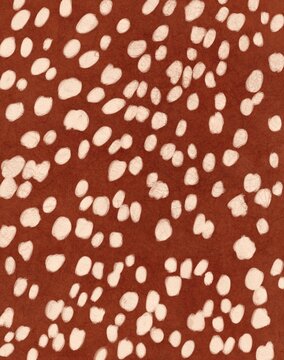 Abstract fawn print pattern, terracotta deer fur background, hand drawn beige dots, animal skin texture