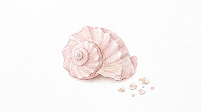 Vintage pink seashell illustration, delicate watercolor conch shell on white background, nautical beach decor art