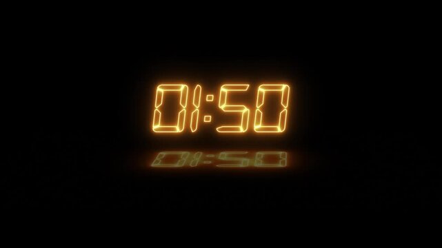 Abstract neon LED timer for 2 minutes countdown with reflection count animation on a black screen. Neon orange digital number clock with reflection.